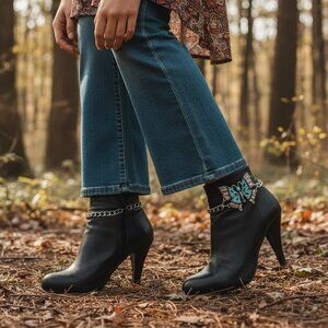 NEW Women 2PCS Silver Metal Boot Chain Bracelet Shoe Anklet Butterfly Charm SET